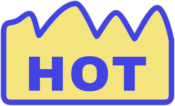 HOT sticker in yellow with indigo border and indigo text